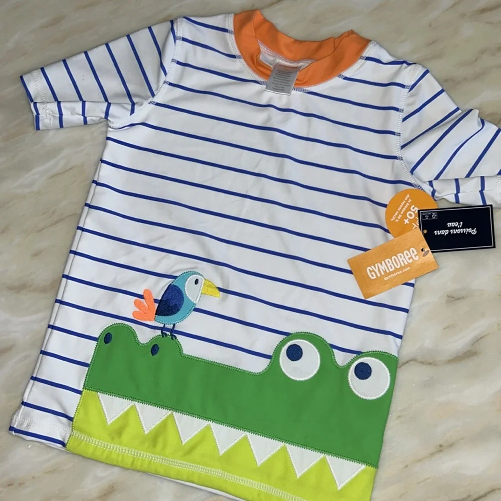 Gymboree Kids Crocodile &‎ Bird Short Sleeve Striped Rash Guard Top Sz 5T 50+UPF